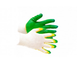 Перчатки ХБ, покрытие – 2-ой облив латексом (СВС) 13 класс вязки, 1й слой желтый, 2й зеленого цвета